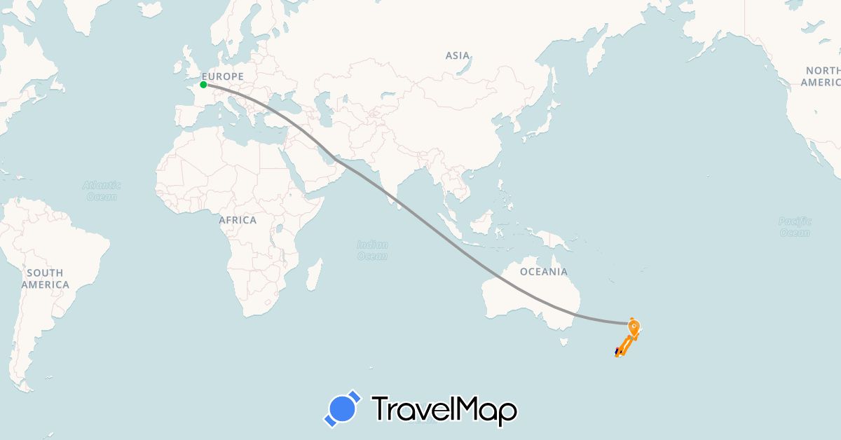TravelMap itinerary: driving, bus, plane, hiking, boat, hitchhiking in United Arab Emirates, Australia, France, New Zealand (Asia, Europe, Oceania)